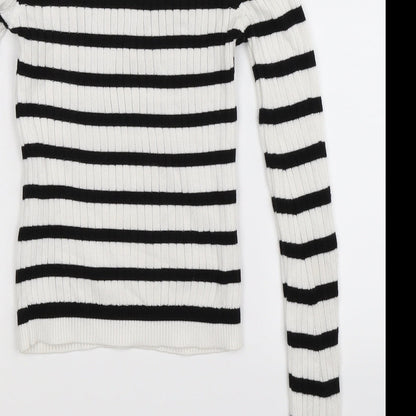 Brand and care label for Topshop women’s white striped knit jumper, size UK 4