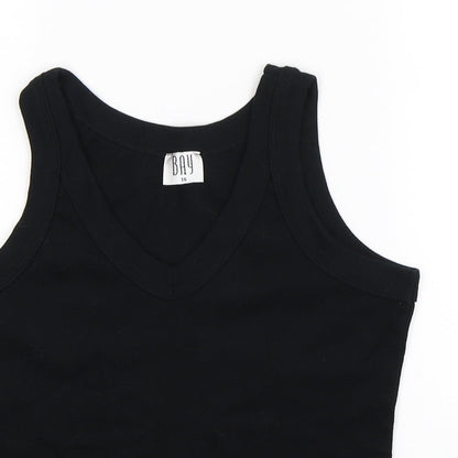 Close-up detail of Bay women’s black basic tank, size UK 16
