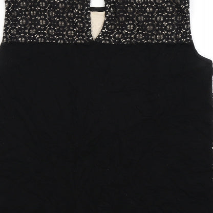 Brand and care label for Oasis women’s black floral basic t-shirt, size S