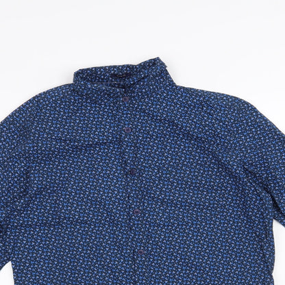 Close-up detail of John Miller men’s blue floral button-up, size S