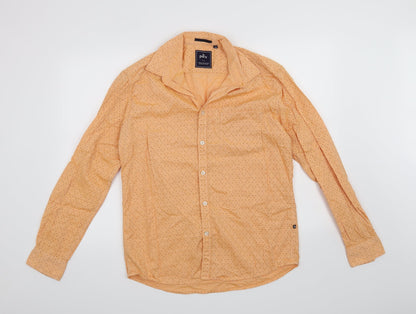 Front view of Parx Denim men’s orange button-up, size S