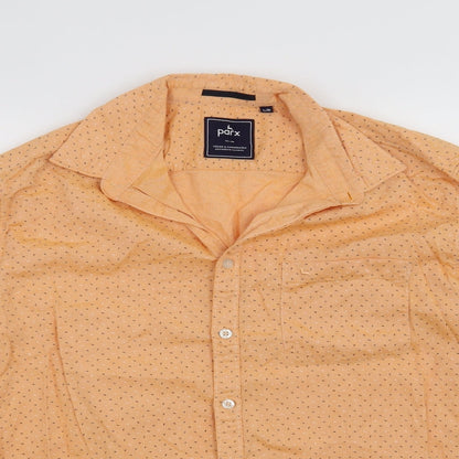 Close-up detail of Parx Denim men’s orange button-up, size S