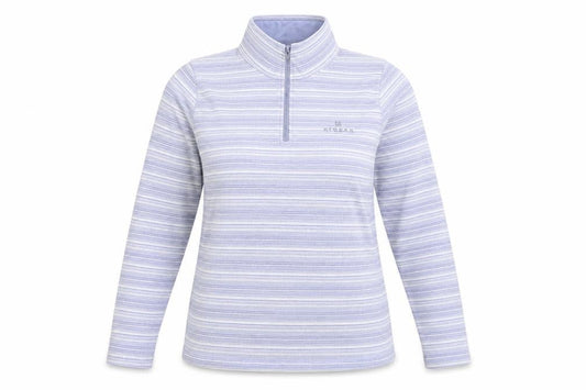 Front view of Higear women’s purple striped henley jumper, size UK 10