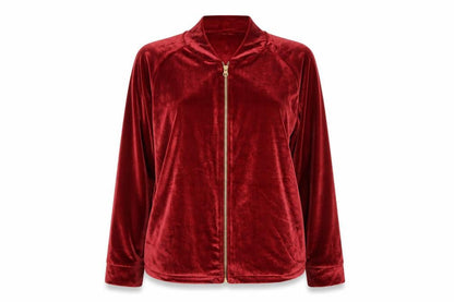 Front view of Golddigga women’s red velvet full zip sweatshirt, size UK 12