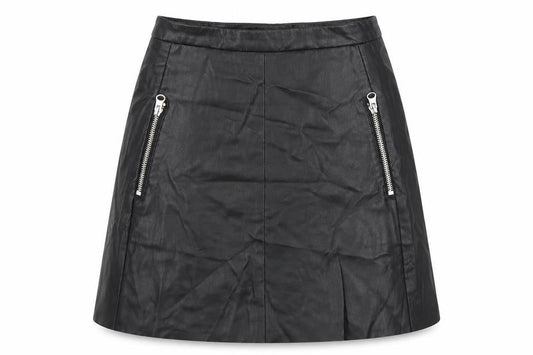 Front view of H&M women’s black pleated skirt, size UK 6, - faux leather