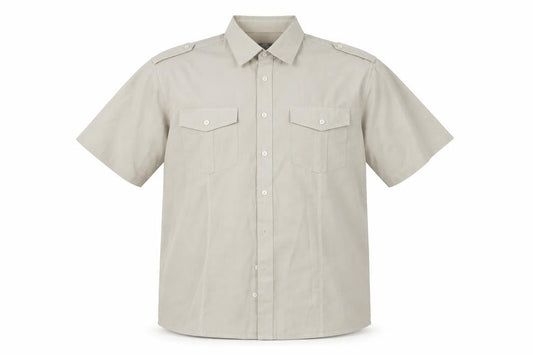 Front view of Easy men’s beige button-up, size L