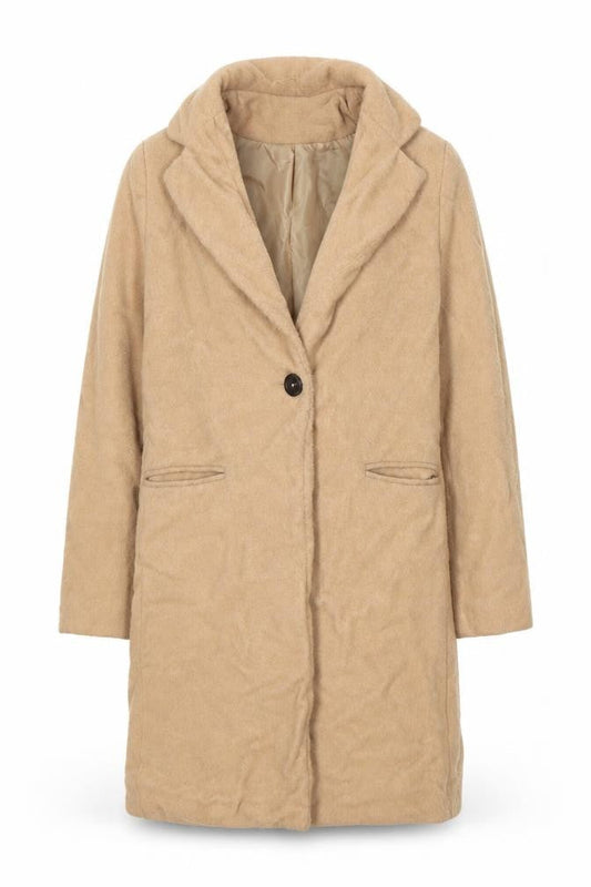 Front view of New Look women’s beige overcoat coat, size UK 10