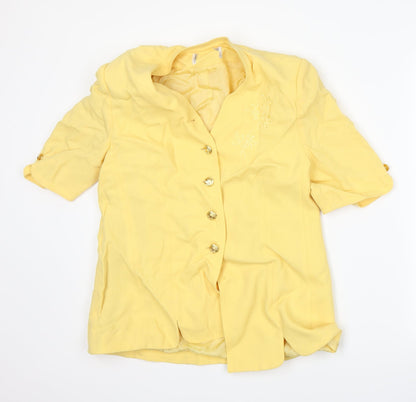 Front view of Crepe Couture women’s yellow jacket suit jacket, size UK 10