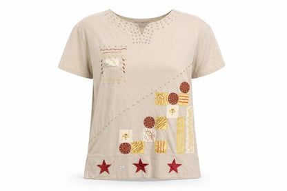 Front view of easadelle women’s beige basic t-shirt, size L