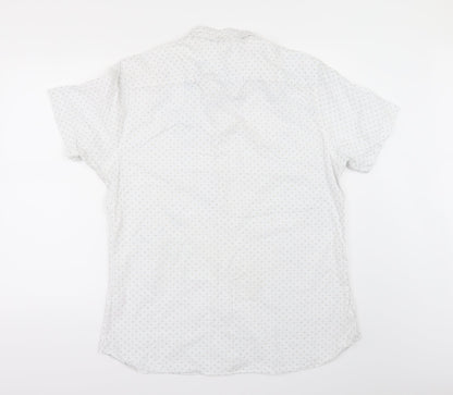 Back view of Tu men’s white geometric button-up, size L