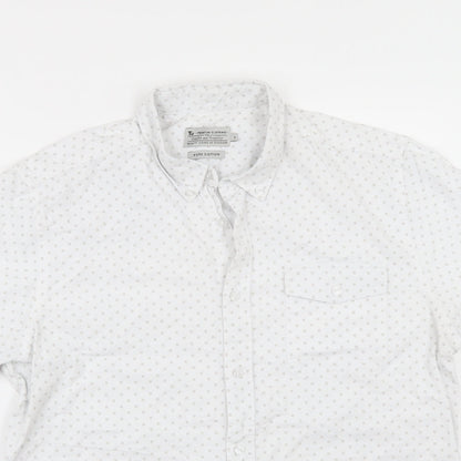 Close-up detail of Tu men’s white geometric button-up, size L
