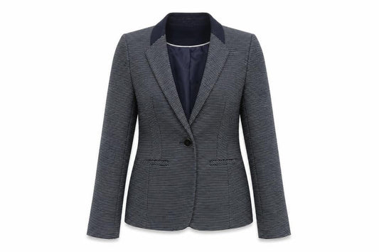 Front view of Tu women’s blue striped jacket, size UK 10