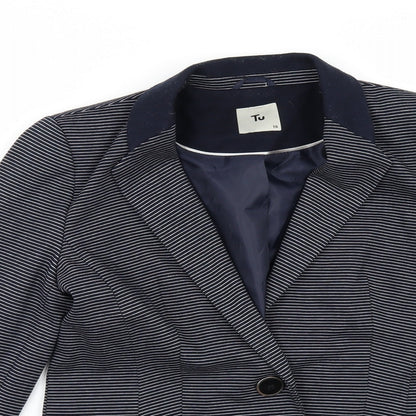 Close-up detail of Tu women’s blue striped jacket, size UK 10