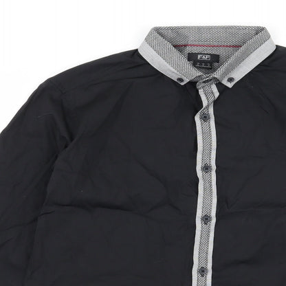 Close-up detail of F&F men’s black button-up, size M