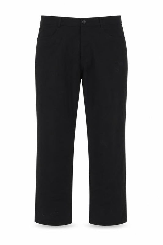 Front view of detail men’s black trousers, size 35, in, 27-inch leg