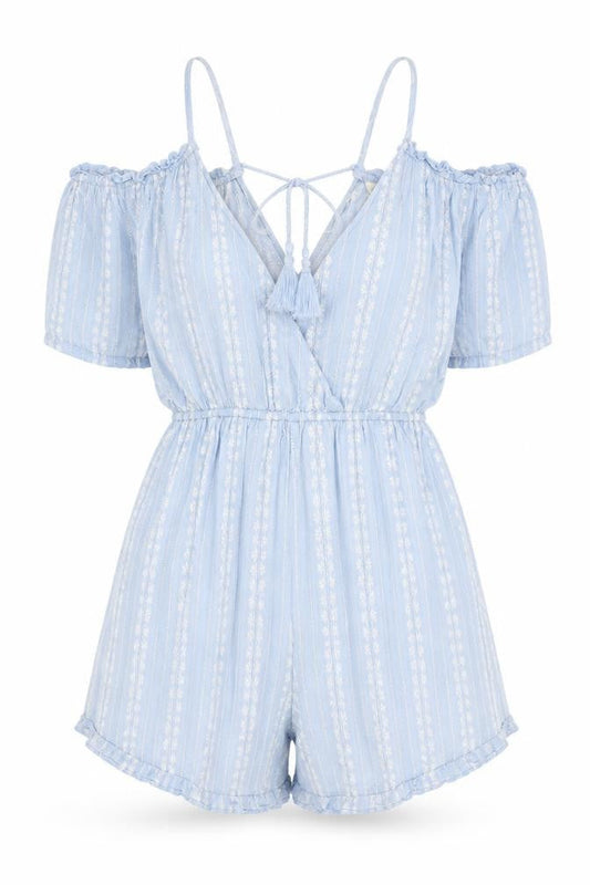 Front view of women’s blue jumpsuit one-piece, size S