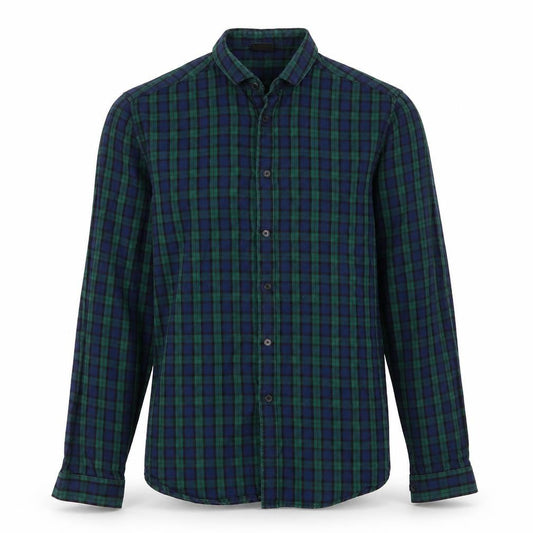 Front view of ASOS men’s blue striped button-up, size M