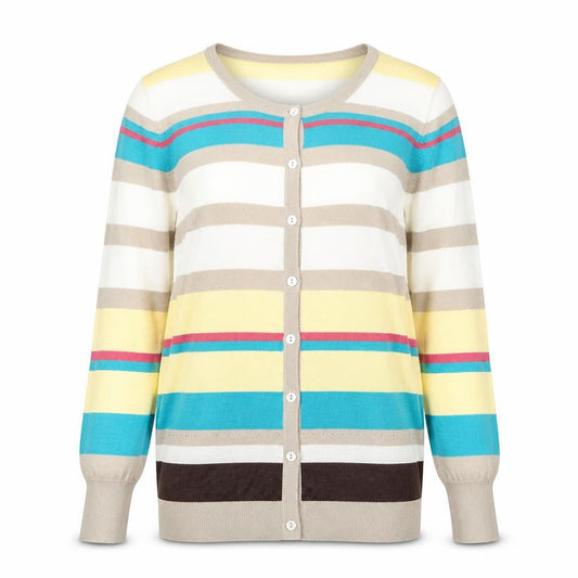 Front view of Oasis women’s multicoloured striped knit cardigan jumper, size XS