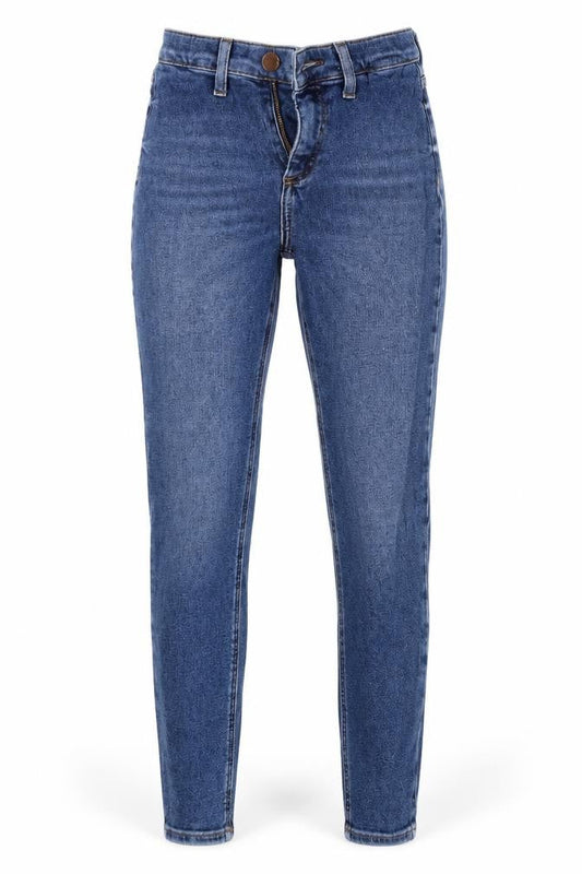Front view of women’s blue denim skinny jeans, size UK 8, 27-inch leg