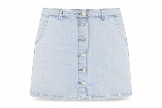 Front view of New Look women’s blue a-line skirt, size UK 10