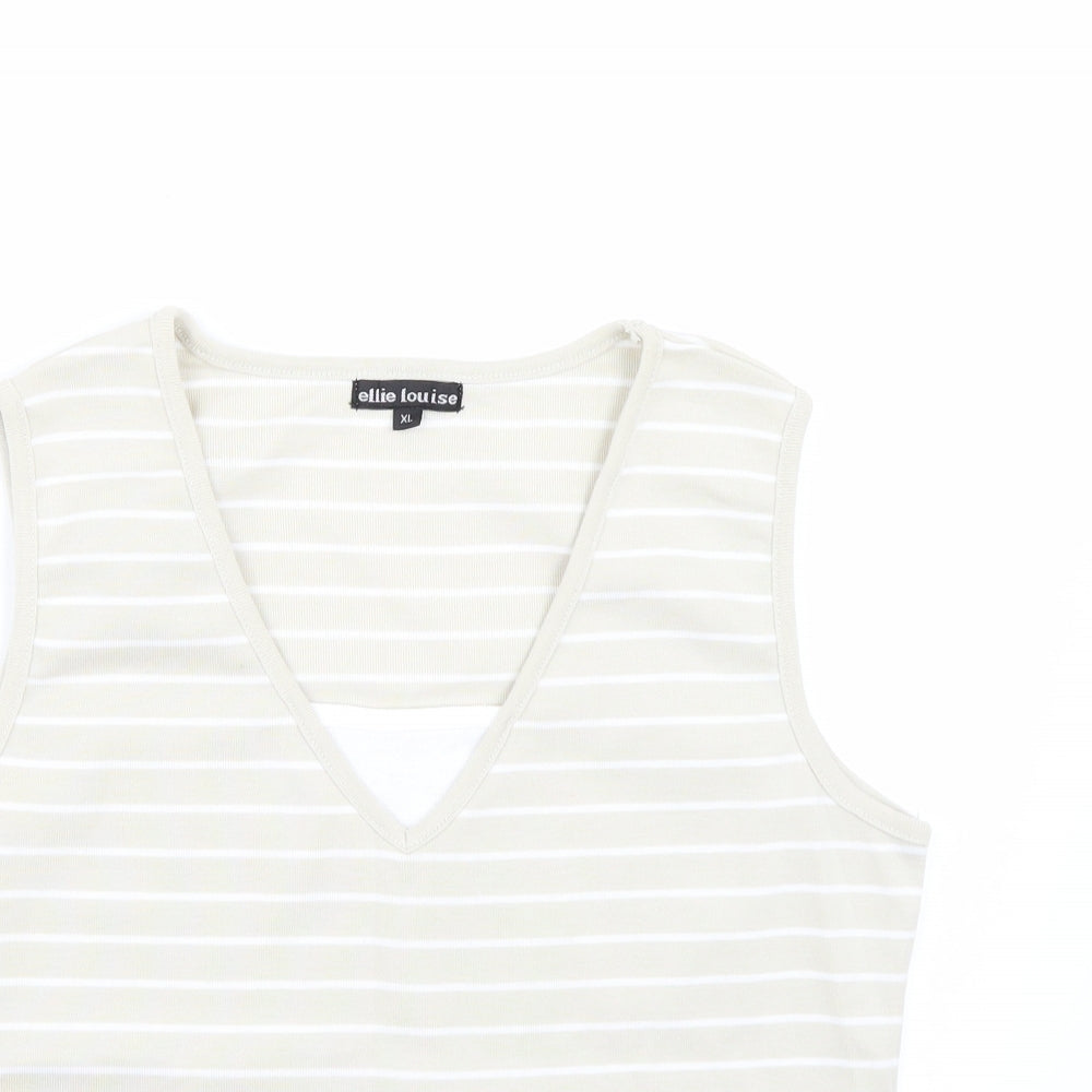 Ellie Louise Womens Beige Striped  Basic T-Shirt Size XL