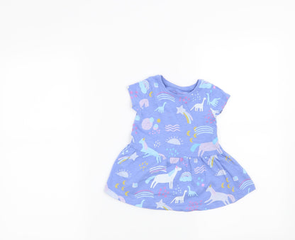 Additional front view of Next girls’ blue t-shirt dress, size 3-6, months - dinosaurs and unicorns