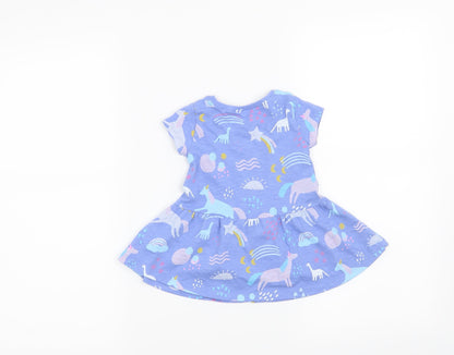 Back view of Next girls’ blue t-shirt dress, size 3-6, months - dinosaurs and unicorns