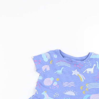 Close-up detail of Next girls’ blue t-shirt dress, size 3-6, months - dinosaurs and unicorns