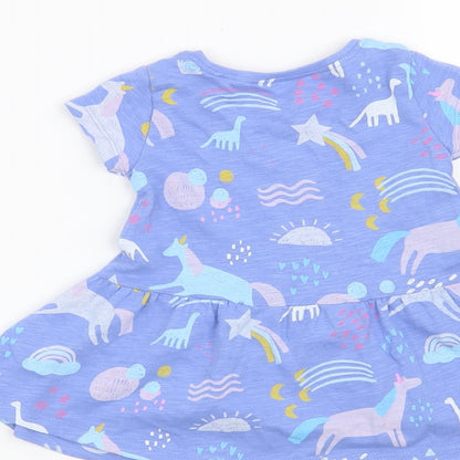 Brand and care label for Next girls’ blue t-shirt dress, size 3-6, months - dinosaurs and unicorns
