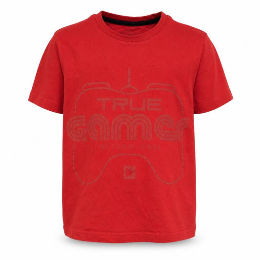 Front view of F&F boys’ red basic t-shirt, size 4-5, years - true gamer