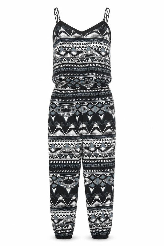 Front view of Noisy May women’s grey geometric jumpsuit one-piece, size XS, 28-inch leg