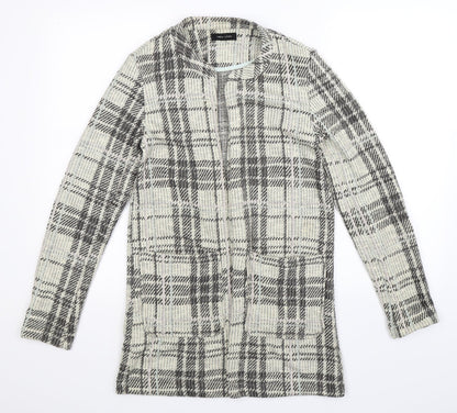 Front view of New Look women’s beige check cardigan jumper, size UK 8