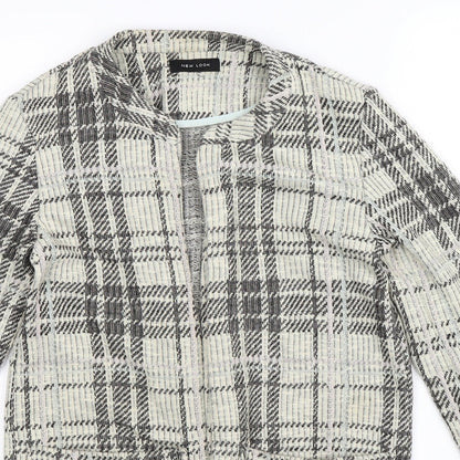 Close-up detail of New Look women’s beige check cardigan jumper, size UK 8