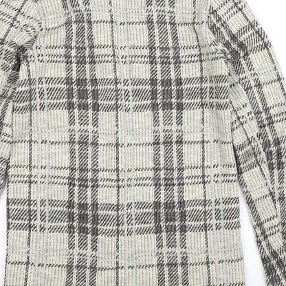 Brand and care label for New Look women’s beige check cardigan jumper, size UK 8