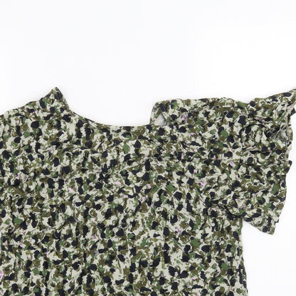 Close-up detail of Nutmeg women’s green floral basic t-shirt, size UK 8