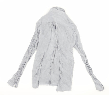 Back view of Miss Selfridge women’s blue striped basic button-up, size UK 8, - open back
