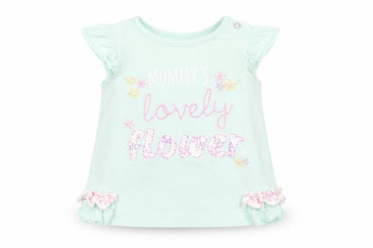 Front view of Nutmeg girls’ blue basic t-shirt, size 3-6, months - mummy's lovely flower