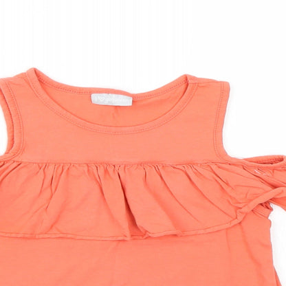 Close-up detail of Matalan girls’ pink basic t-shirt, size 6, years - salmon pink