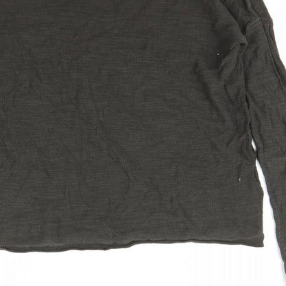 Brand and care label for H&M women’s green pullover sweatshirt, size XS