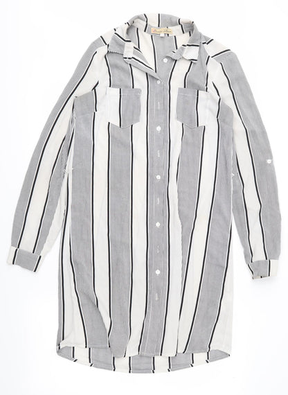 Additional front view of Cameo Rose women’s ivory striped basic button-up, size UK 8