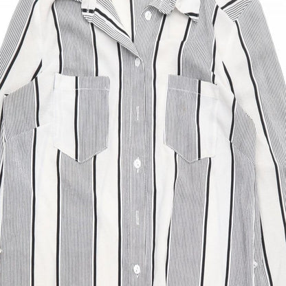 Close-up detail of Cameo Rose women’s ivory striped basic button-up, size UK 8