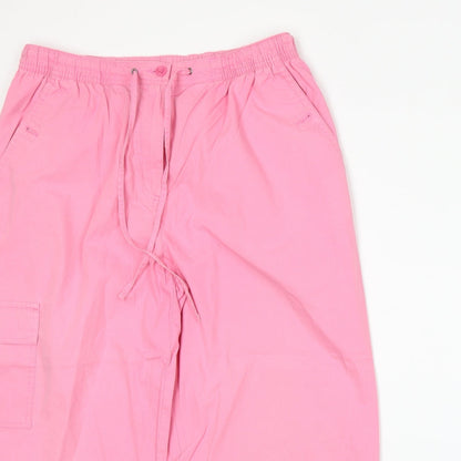 Close-up detail of Bcasual women’s pink trousers, size UK 14, 20-inch leg