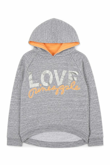 Front view of Pineapple girls’ grey pullover hoodie, size 11-12, years