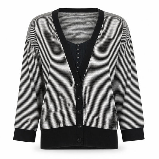 Front view of Next women’s black striped jumper, size UK 12