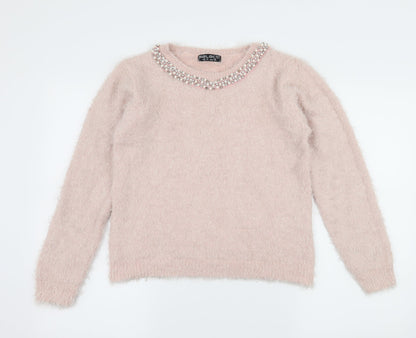 Additional front view of Select women’s pink knit jumper, size UK 10, - embelished neckline