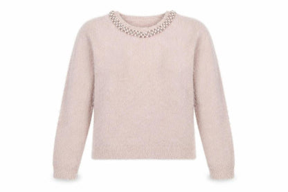 Front view of Select women’s pink knit jumper, size UK 10, - embelished neckline