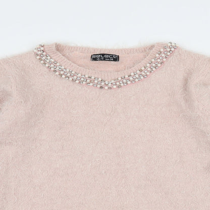 Close-up detail of Select women’s pink knit jumper, size UK 10, - embelished neckline
