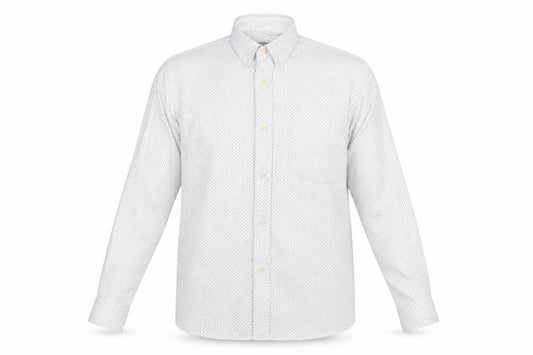 Front view of Next men’s white polka dot button-up, size L