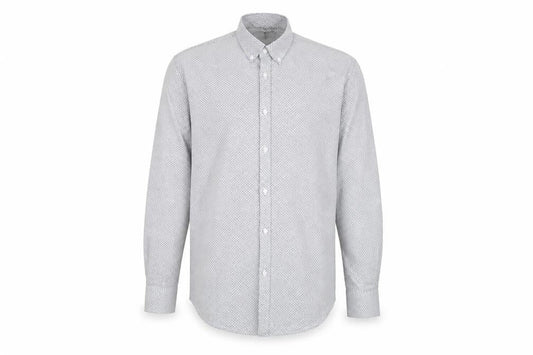 Front view of Taylor & Wright men’s white polka dot button-up, size 15.5