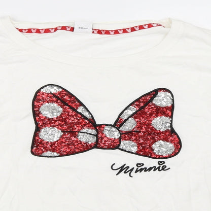 Close-up detail of Disney women’s white pullover sweatshirt, size UK 10